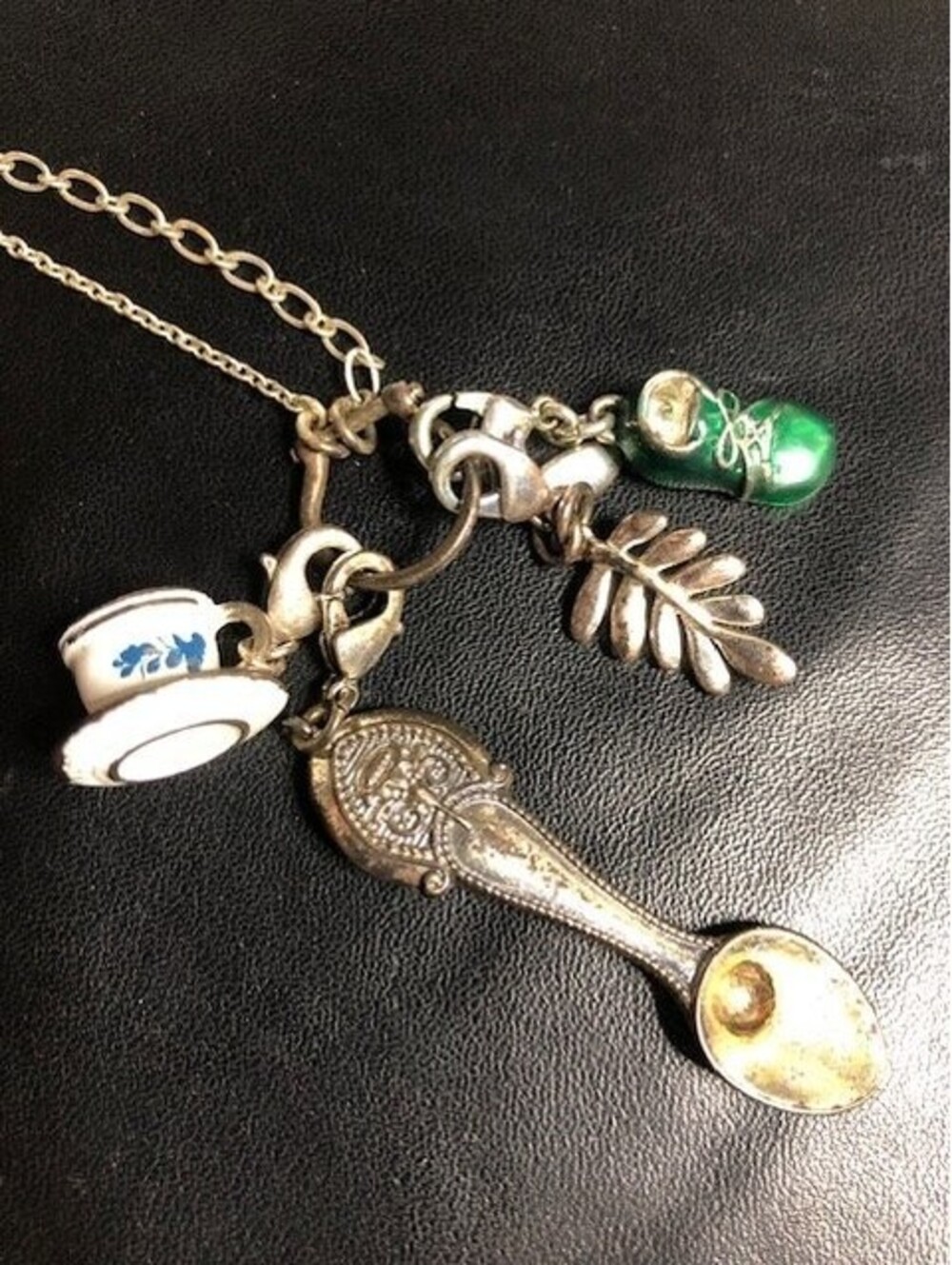 B0820 Danish design Pilgrim Charm Necklace 24" Silver Tone Tea cup Spoon *Wear